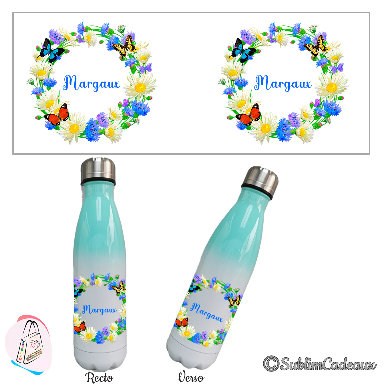 Bouteille isotherme dégradé turquoise et blanc, couronne de marguerites, bleuets et papillons, texte Margaux imprimé