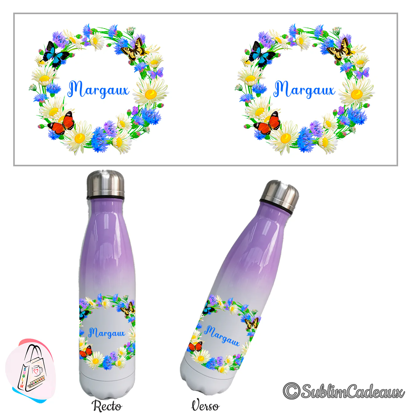 Bouteille isotherme dégradé violet et blanc, couronne de marguerites, bleuets et papillons, texte Margaux imprimé
