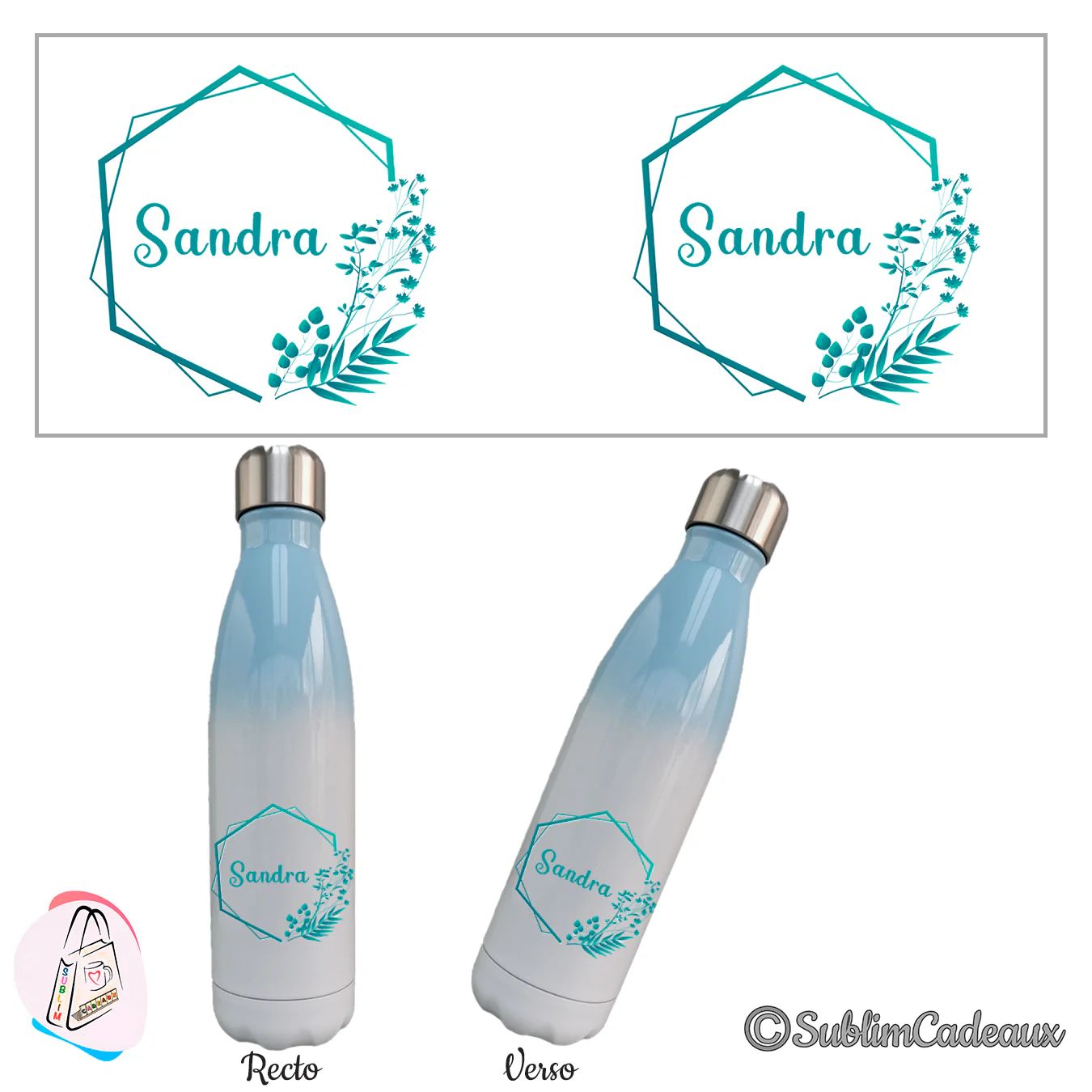 Bouteille isotherme en dégradé bleu et blanc, feuillage turquoise sublimé et prénom dans un hexagone, recto verso