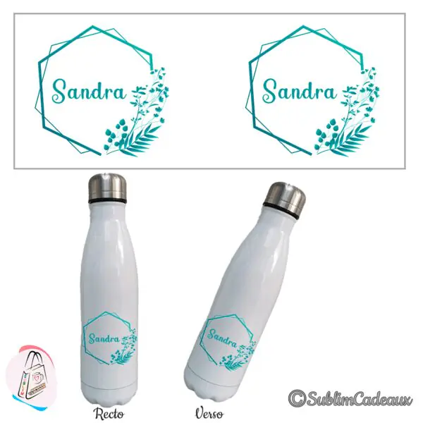 Bouteille isotherme blanche, cadre hexagonal et feuillage turquoise, à personnaliser avec un prénom