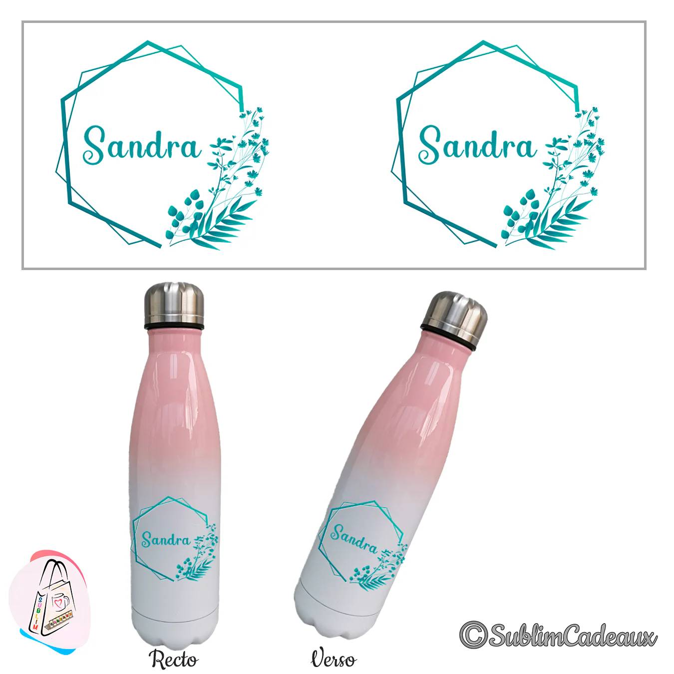 Gourde isotherme dégradé rose et blanc, décor végétal turquoise sublimé avec prénom dans un cadre hexagonal, recto verso