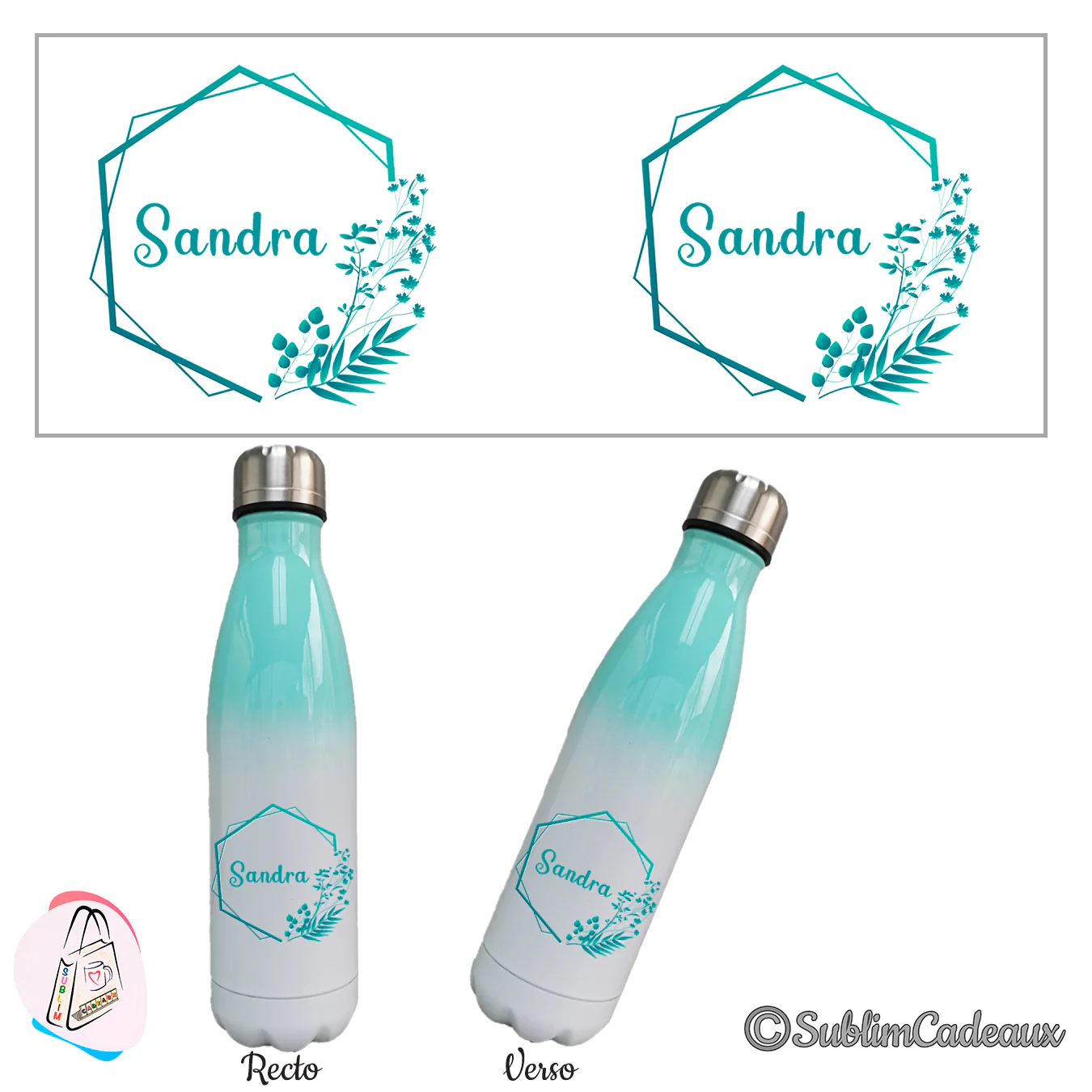 Bouteille isotherme dégradé vert menthe et blanc, feuillage turquoise sublimé et prénom dans un hexagone, recto verso