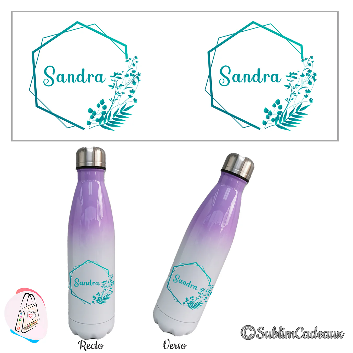 Bouteille isotherme dégradé violet et blanc, motif végétal turquoise sublimé et prénom dans un hexagone, recto verso
