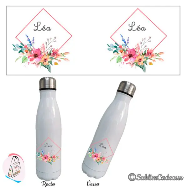 Bouteille isotherme blanche, cadre corail losange et bouquet aquarelle rose et lavande, prénom à personnaliser