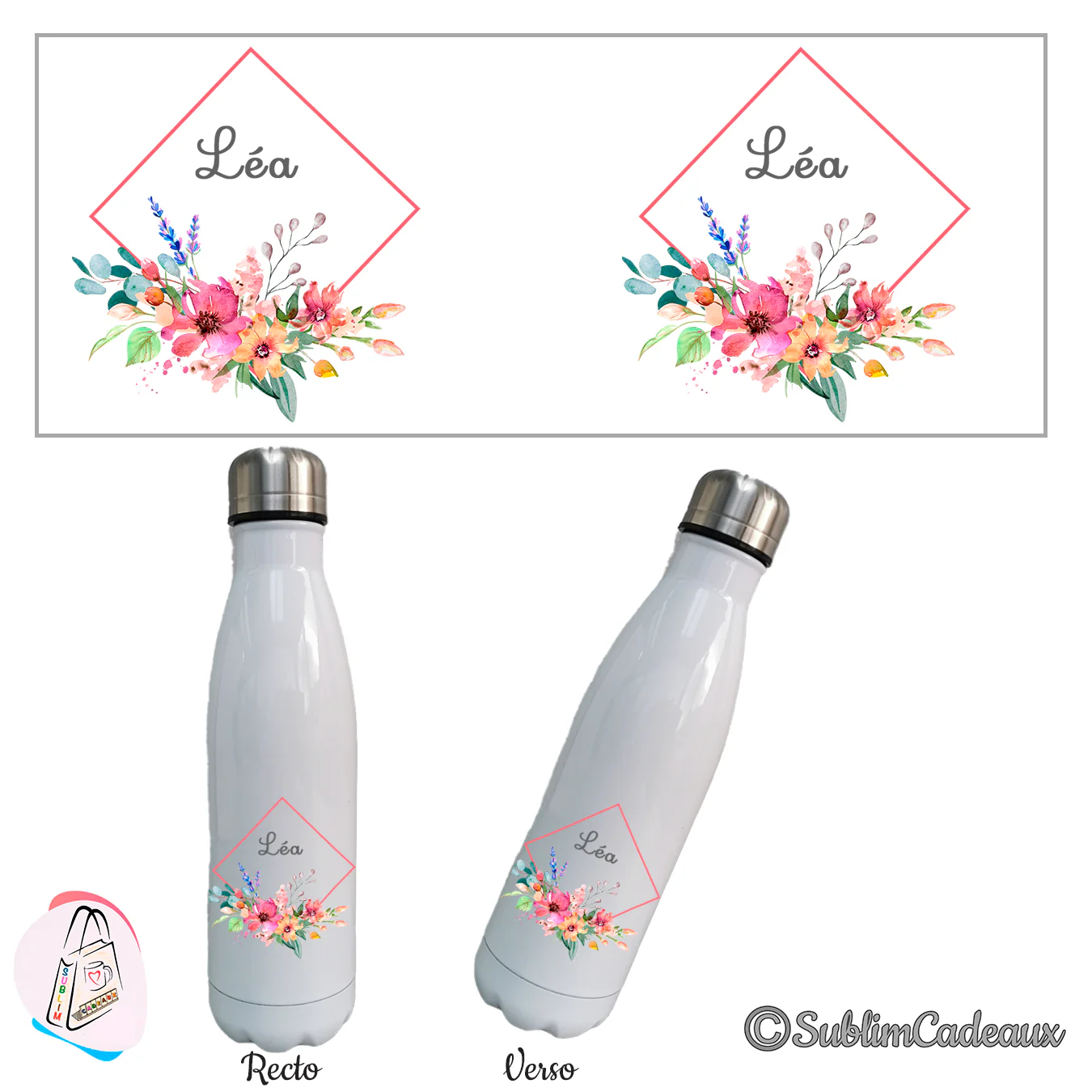 Bouteille isotherme blanche, cadre corail losange et bouquet aquarelle rose et lavande, prénom à personnaliser