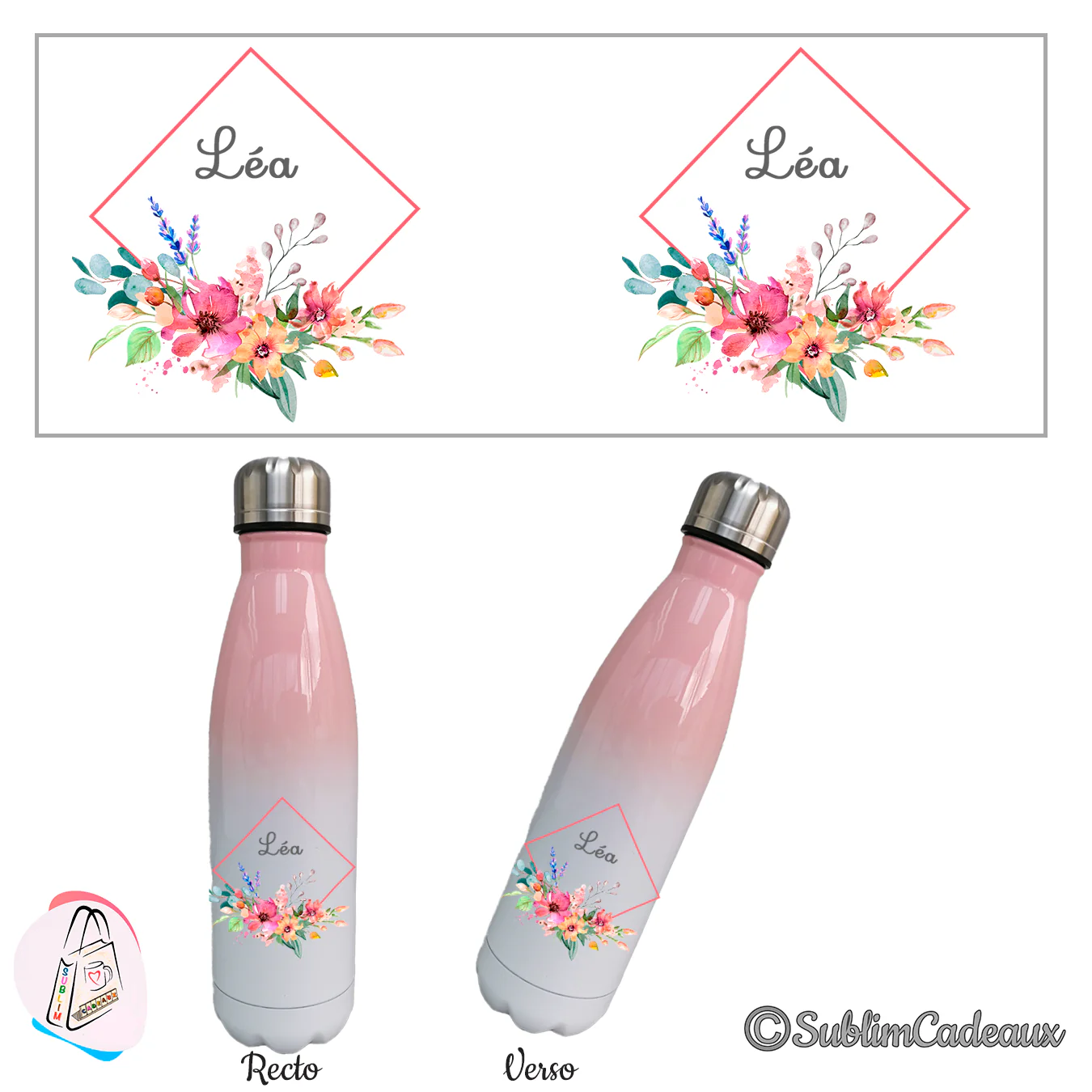 Gourde isotherme dégradé rose et blanc, bouquet aquarelle sublimé et prénom dans un losange corail, recto verso