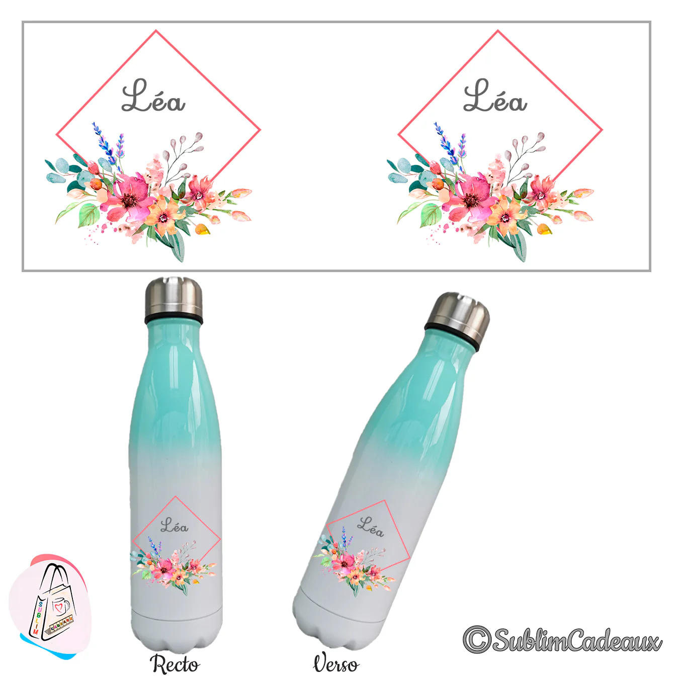 Bouteille isotherme dégradé vert menthe et blanc, bouquet floral aquarelle sublimé et prénom en losange corail, recto verso