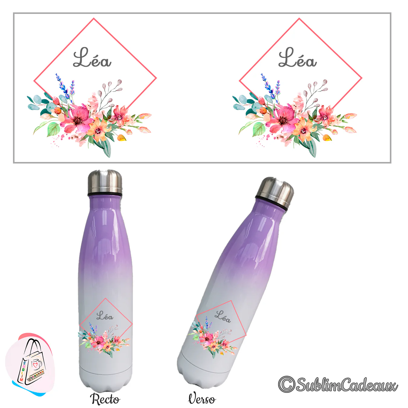 Bouteille isotherme dégradé violet et blanc, bouquet floral aquarelle sublimé et prénom dans un losange corail, recto verso