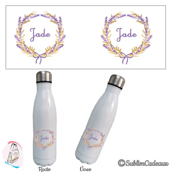 Bouteille isotherme blanche, couronne de lavande et d'épis dorés nouée d'un ruban violet, prénom à personnaliser