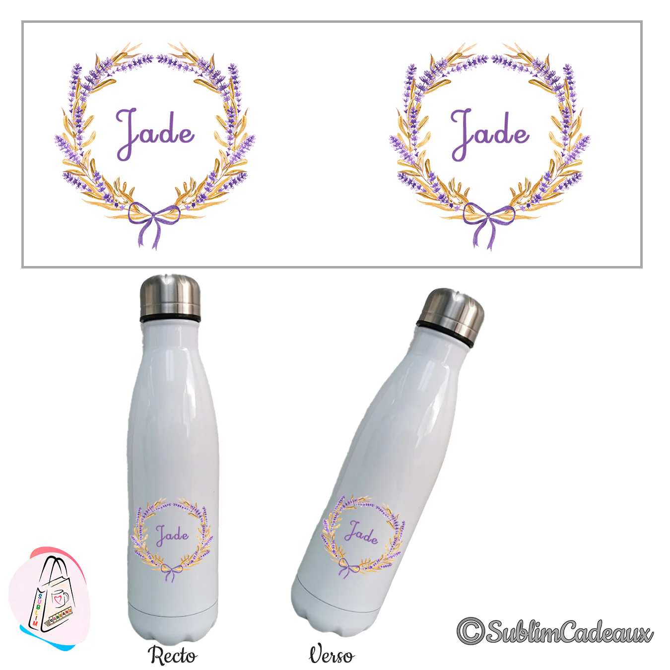 Bouteille isotherme blanche, couronne de lavande et d'épis dorés nouée d'un ruban violet, prénom à personnaliser