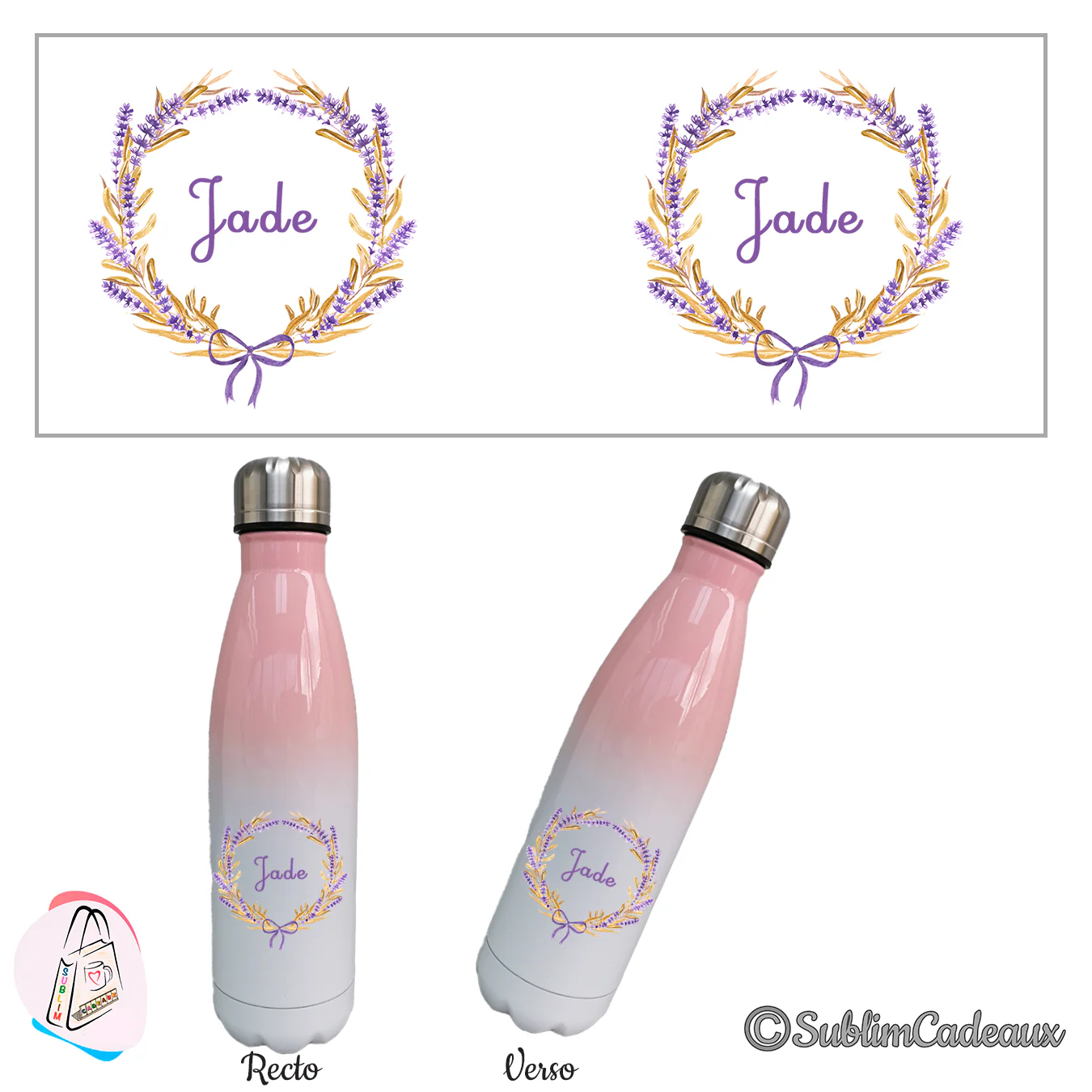 Gourde isotherme dégradé rose et blanc, couronne de lavande et épis de blé sublimée, prénom au centre, recto verso