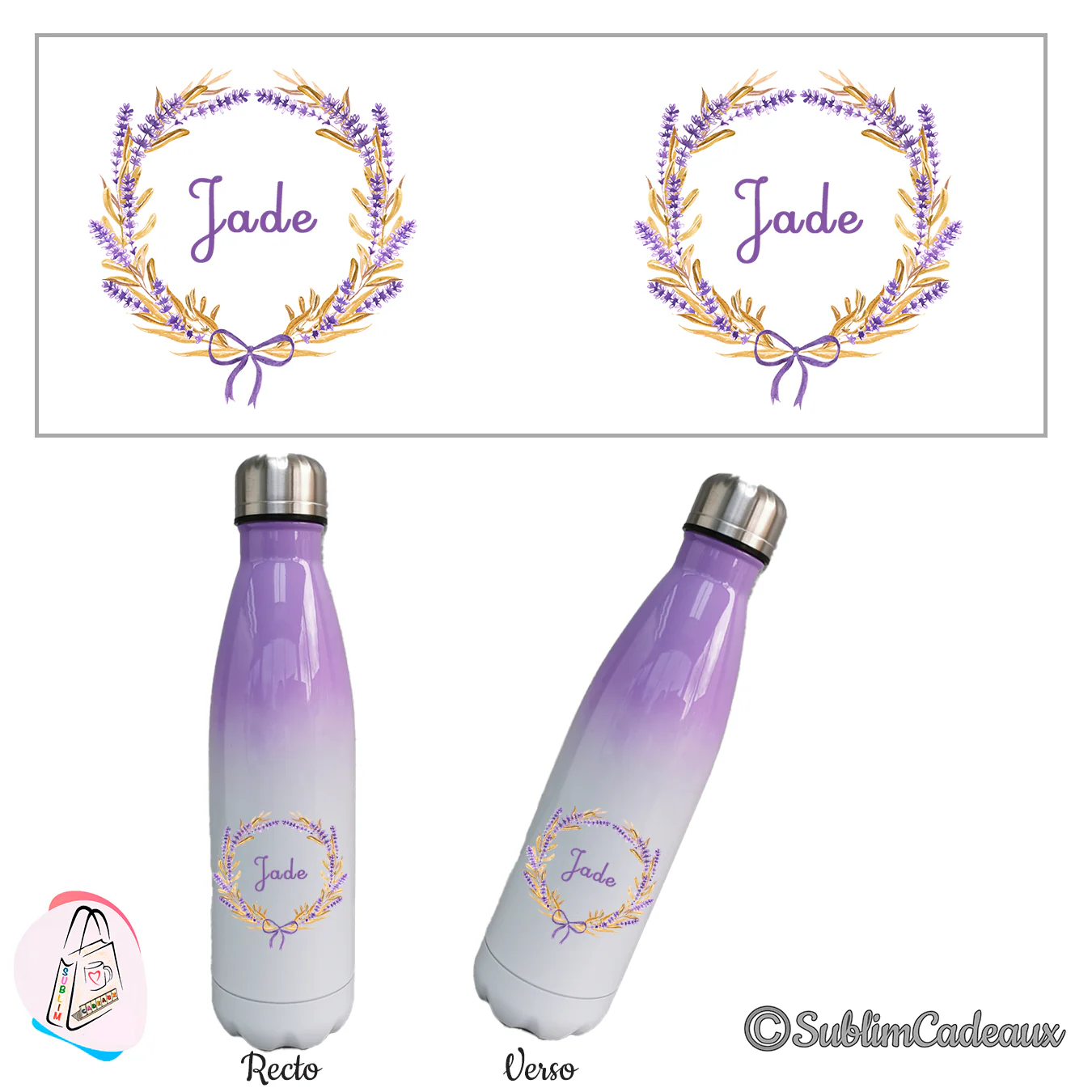 Bouteille isotherme dégradé violet et blanc, couronne de lavande et blé sublimée, prénom au centre, recto verso