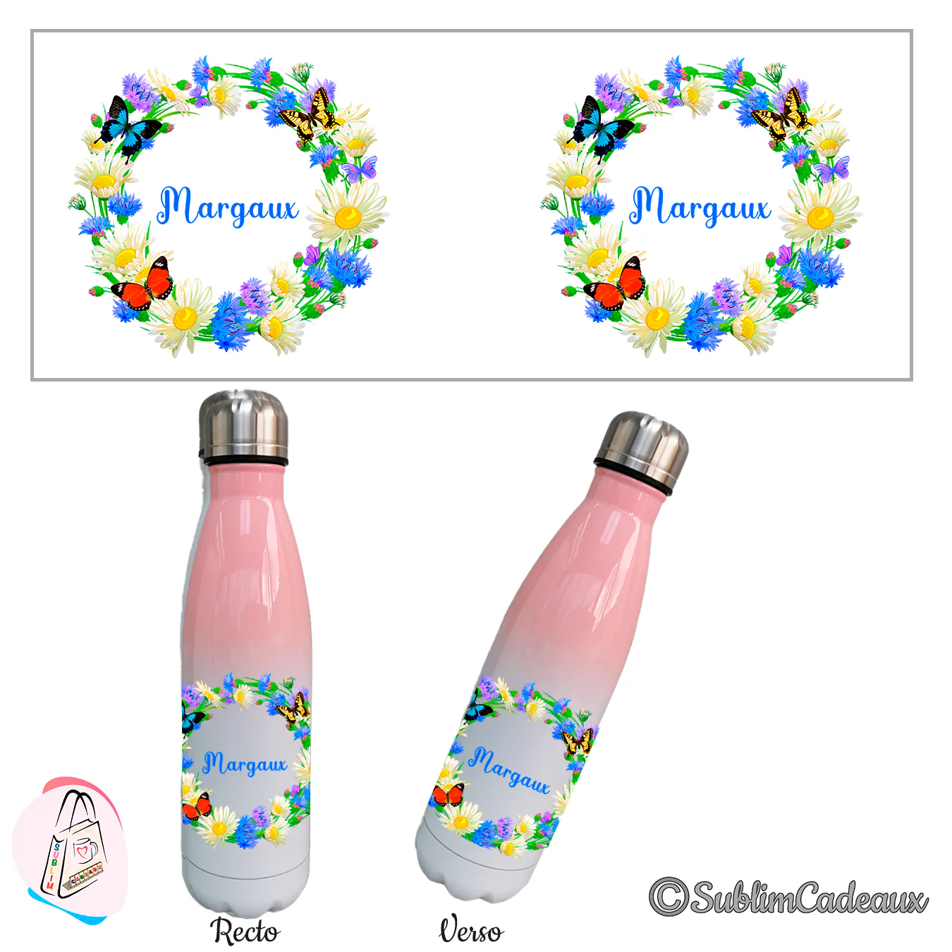 Bouteille isotherme dégradé rose et blanc, couronne de marguerites, bleuets et papillons, texte Margaux imprimé