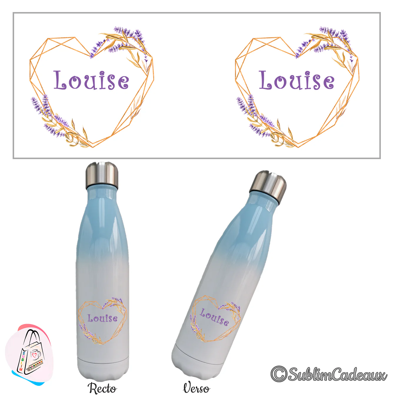 Bouteille isotherme en dégradé bleu et blanc, cœur géométrique doré, lavande et blé sublimés, prénom au centre, recto verso