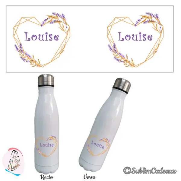 Gourde isotherme blanche, coeur géométrique doré orné de brins de lavande, prénom à personnaliser au centre