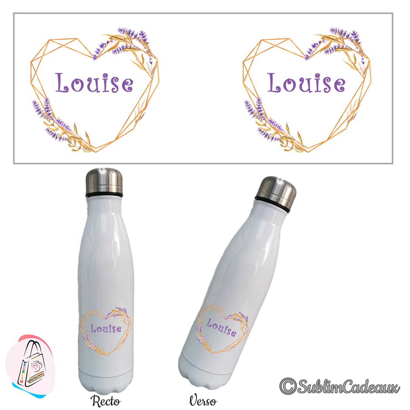 Gourde isotherme blanche, coeur géométrique doré orné de brins de lavande, prénom à personnaliser au centre
