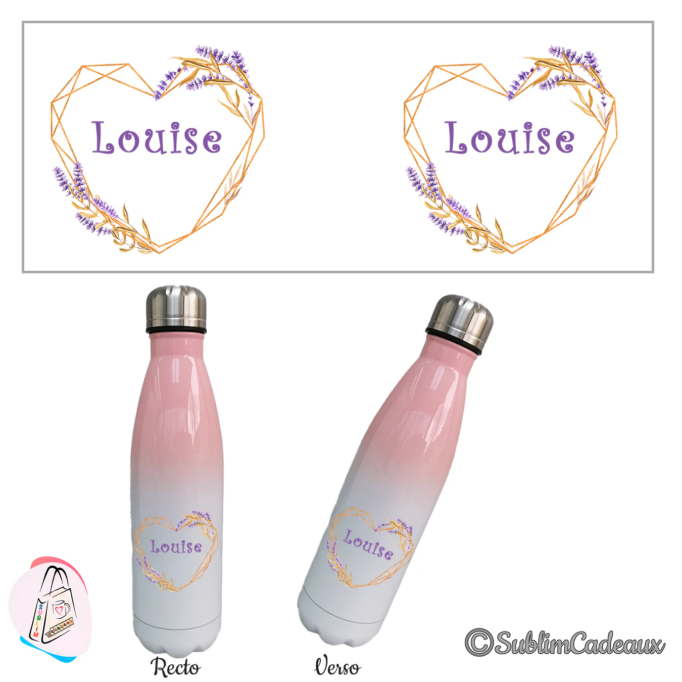 Gourde isotherme dégradé rose et blanc, cœur géométrique doré avec lavande et blé sublimés, prénom au centre, recto verso