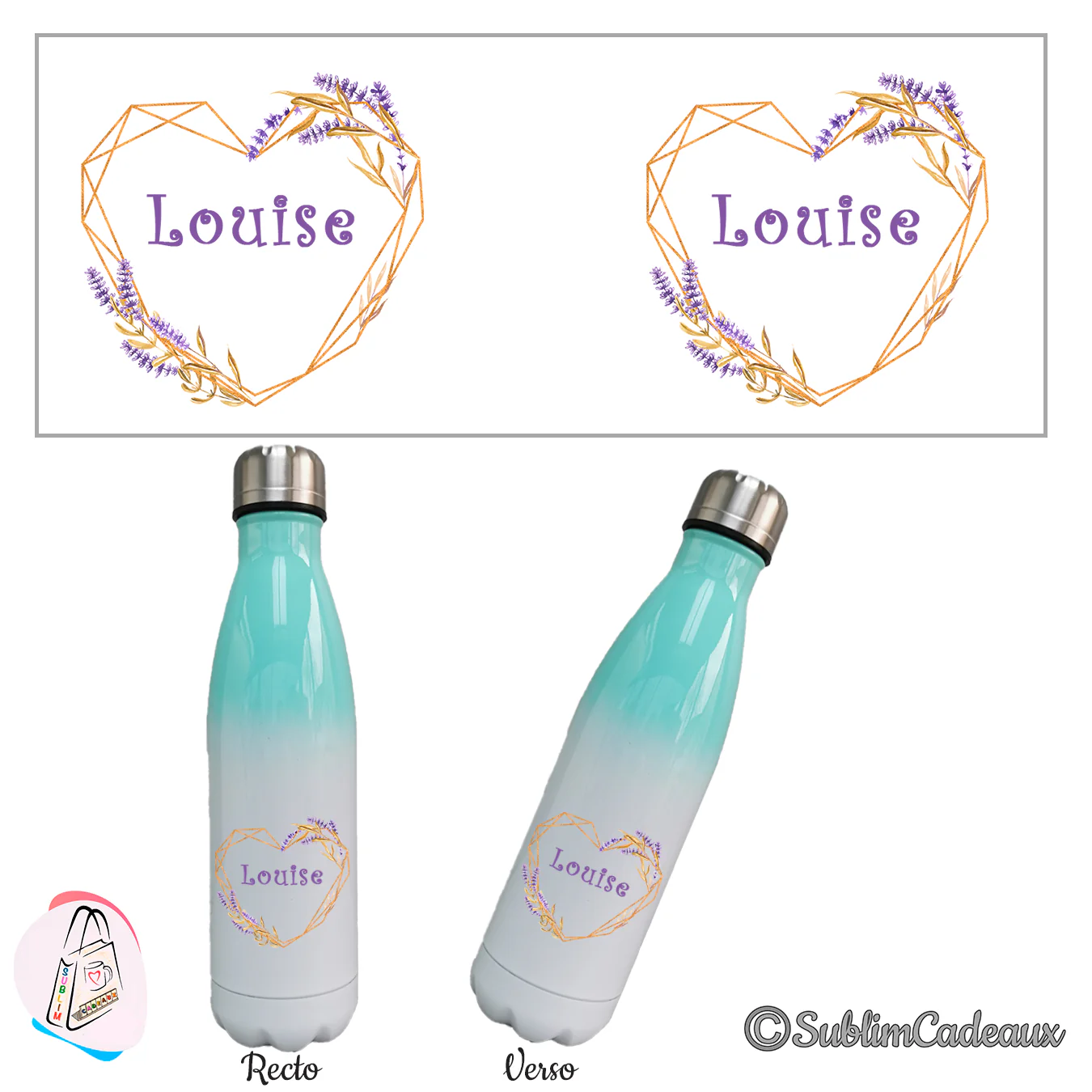 Bouteille isotherme dégradé vert menthe et blanc, cœur doré, lavande et blé sublimés, prénom au centre, recto verso