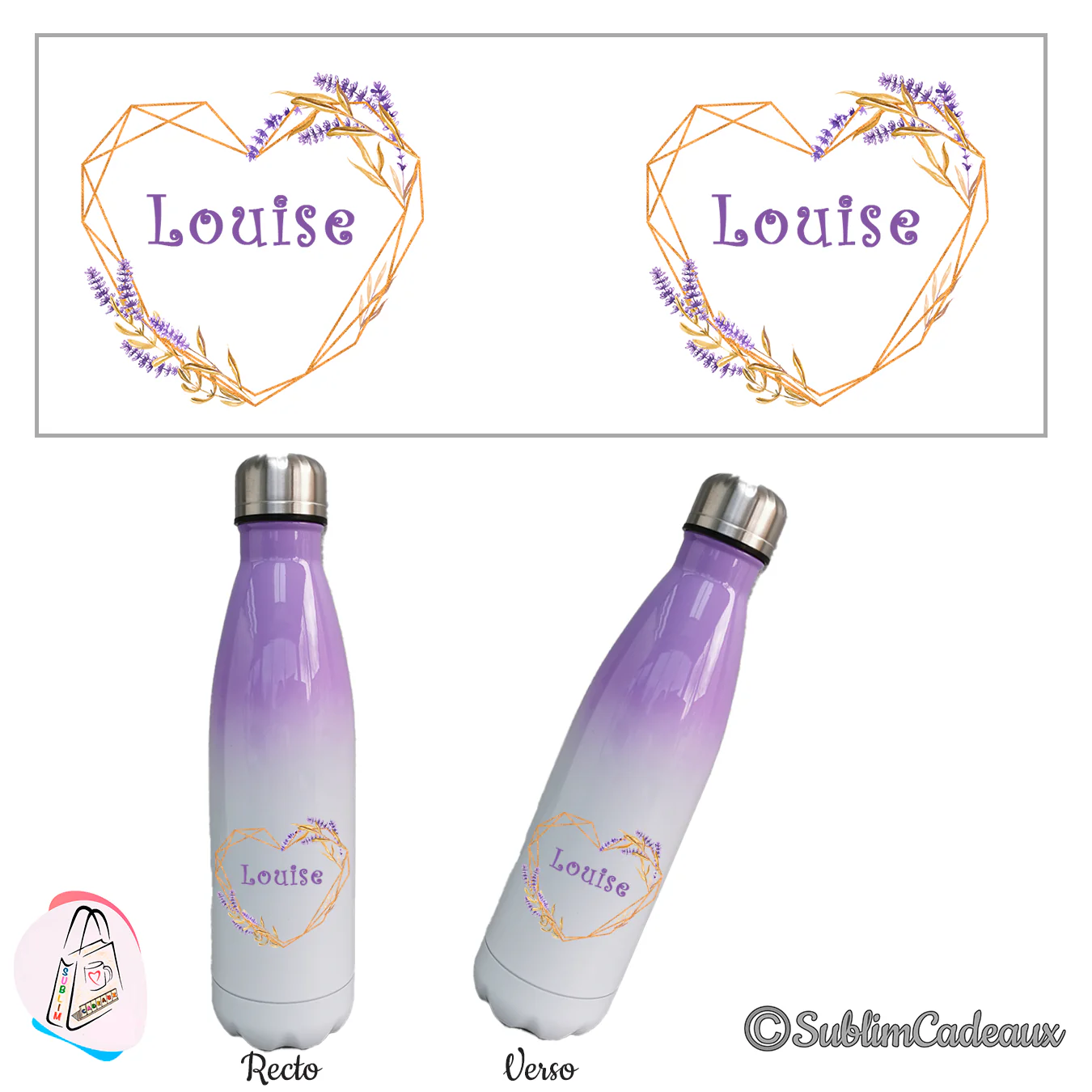 Bouteille isotherme dégradé violet et blanc, cœur géométrique doré, lavande et blé sublimés, prénom au centre, recto verso