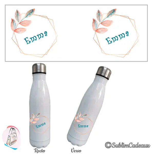 Bouteille isotherme blanche, cadre hexagonal cuivré et feuilles aquarelle corail et bleu, prénom à personnaliser