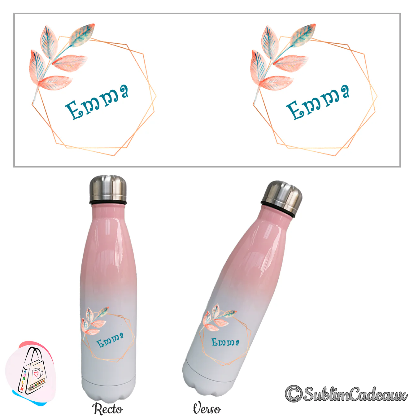 Gourde isotherme dégradé rose et blanc, feuilles aquarelle et hexagone cuivré sublimés, prénom au centre, recto verso
