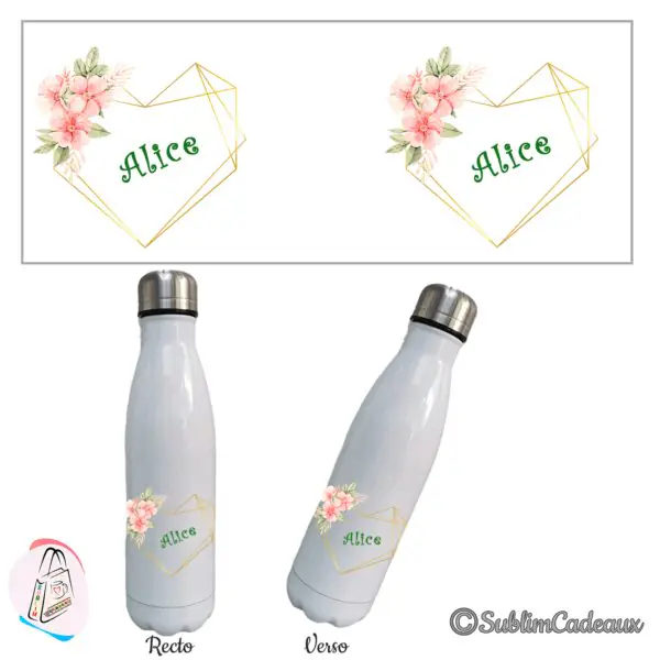Bouteille isotherme blanche, coeur géométrique doré et fleurs roses aquarelle, prénom à personnaliser au centre