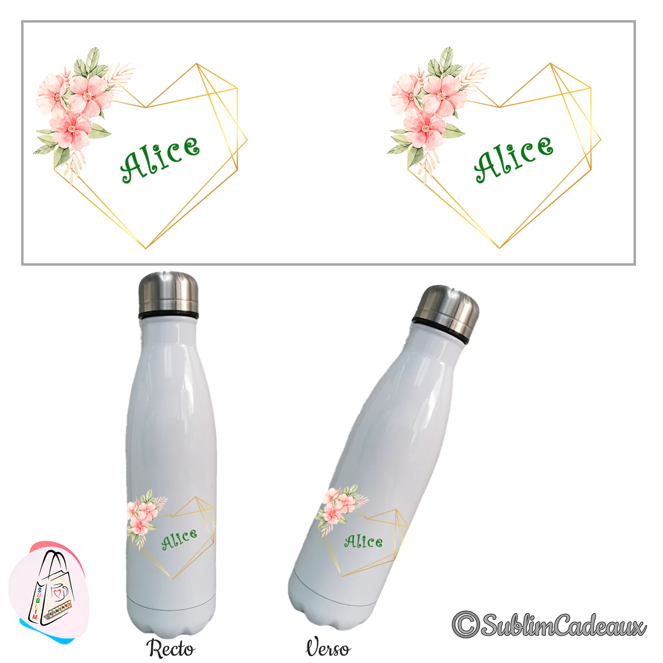 Bouteille isotherme blanche, coeur géométrique doré et fleurs roses aquarelle, prénom à personnaliser au centre