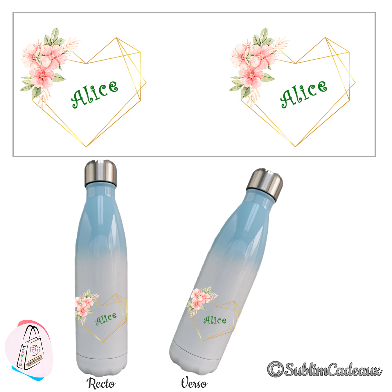Bouteille isotherme dégradé bleu et blanc, décor sublimé de fleurs roses et coeur géométrique doré, prénom Alice en vert