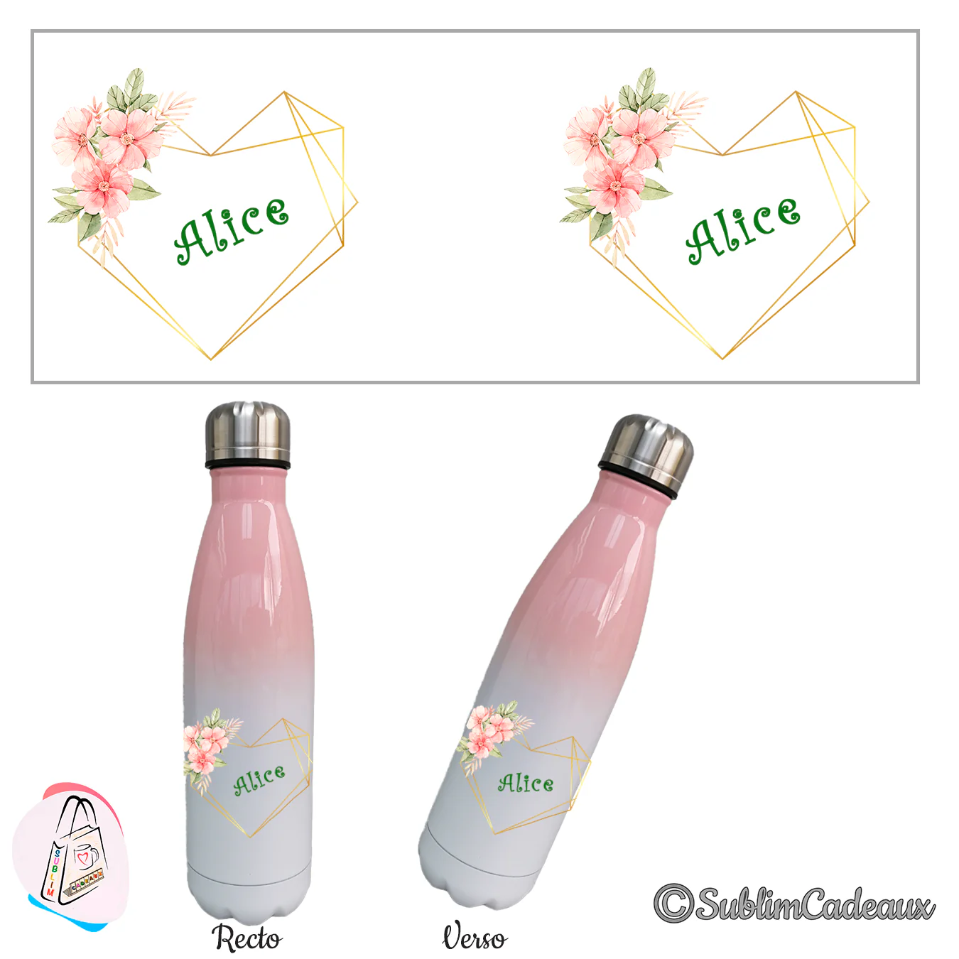 Dégradé rose et blanc sur bouteille isotherme, fleurs roses aquarelle et coeur doré géométrique, prénom Alice en vert