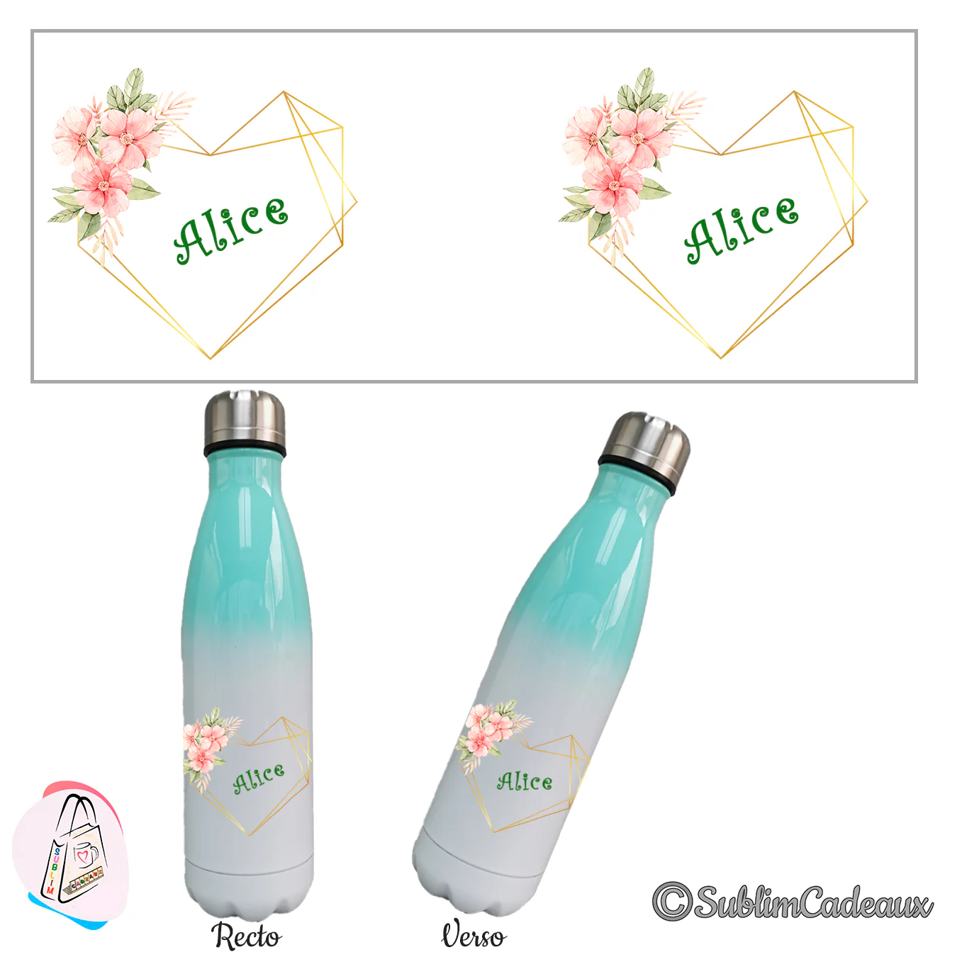 Bouteille isotherme au dégradé vert menthe, motif de fleurs roses et coeur géométrique doré, prénom Alice en vert