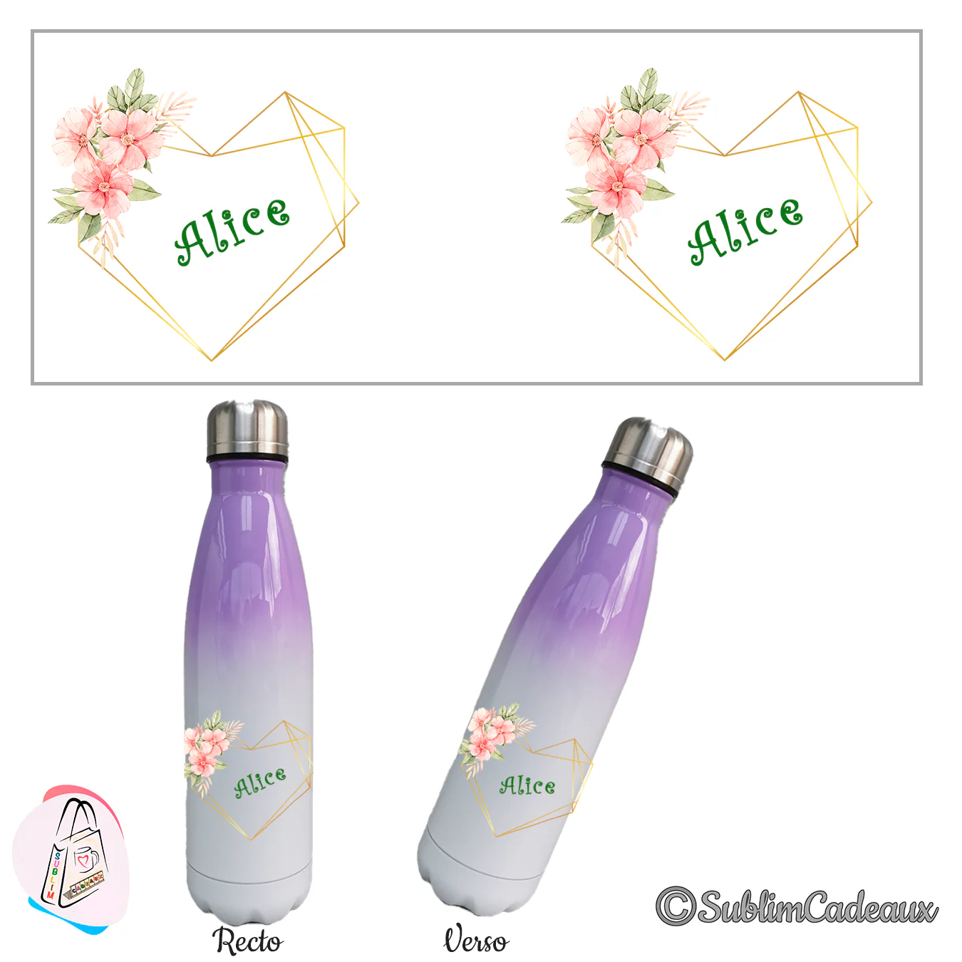 Fleurs roses et coeur géométrique doré sublimés sur bouteille isotherme dégradé violet et blanc, prénom Alice