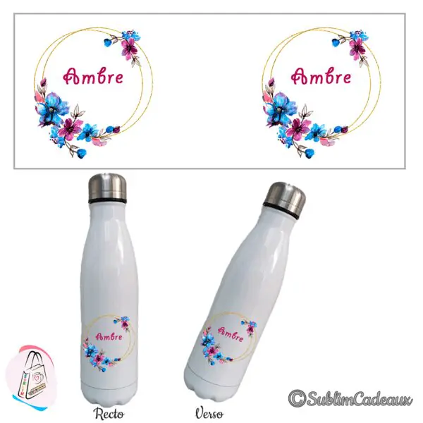 Bouteille isotherme blanche, cerceau doré et fleurs aquarelle bleues et fuchsia, prénom à personnaliser au centre
