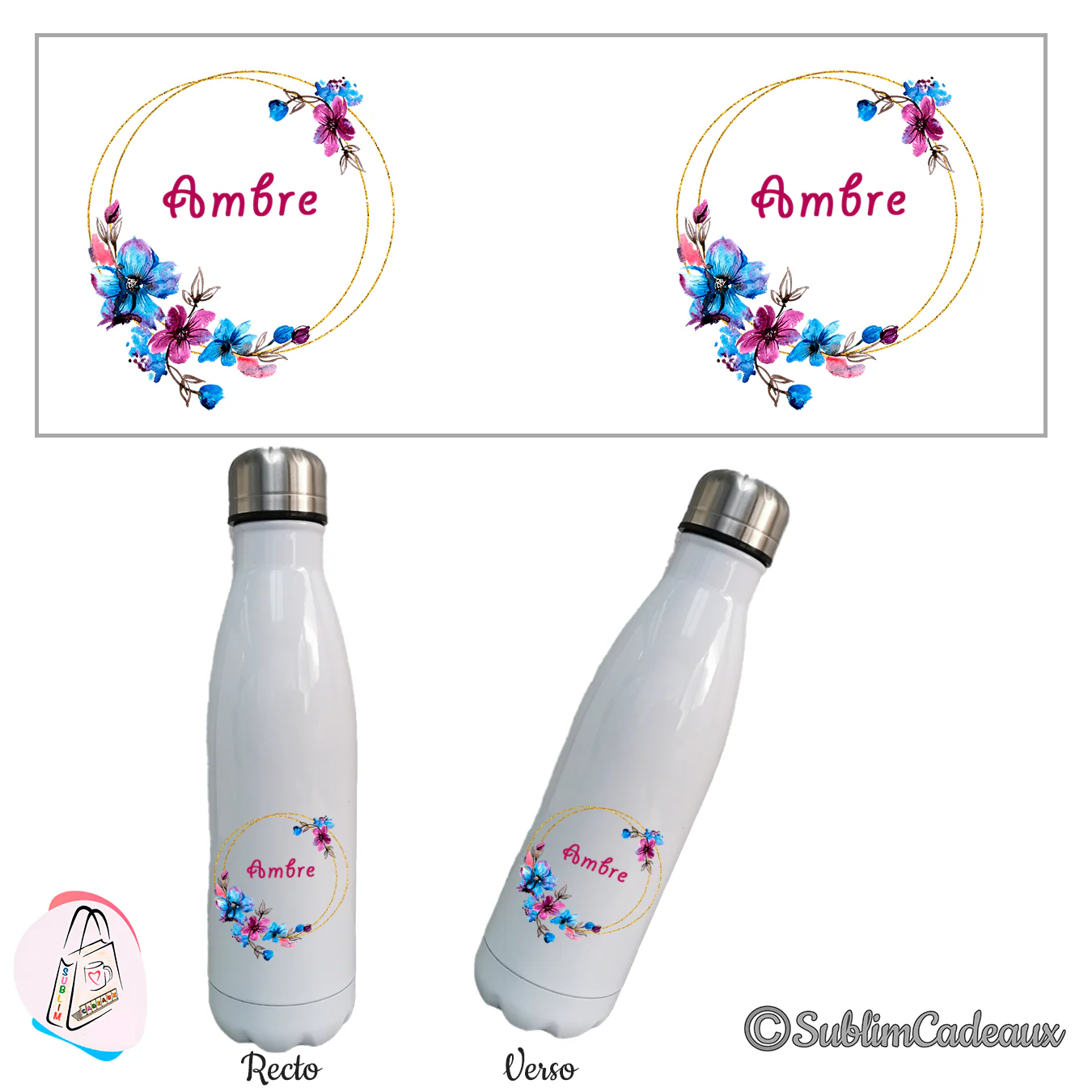 Bouteille isotherme blanche, cerceau doré et fleurs aquarelle bleues et fuchsia, prénom à personnaliser au centre