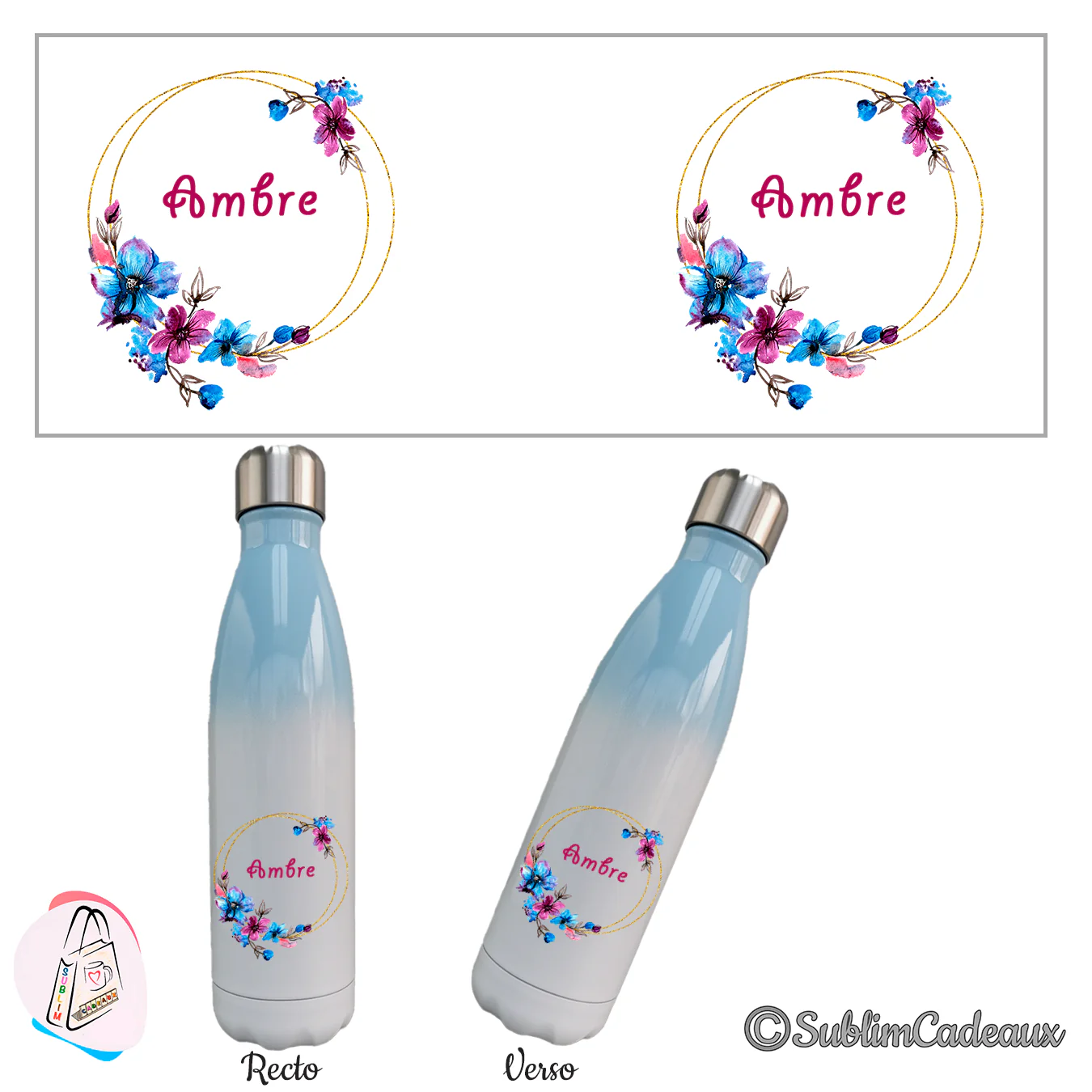 Bouteille isotherme dégradé bleu et blanc, couronne dorée fleurie de bleu et rose, prénom Ambre en fuchsia