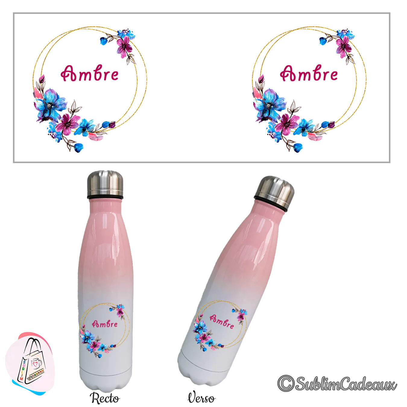 Dégradé rose sur bouteille isotherme, anneau doré et fleurs aquarelle bleues et roses, prénom Ambre en fuchsia