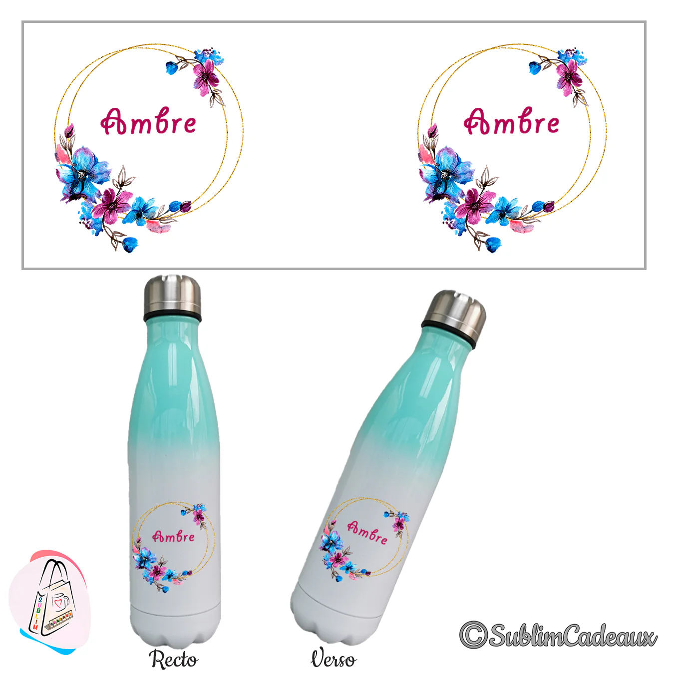 Bouteille isotherme dégradé vert menthe et blanc, couronne dorée et fleurs bleues et roses, prénom Ambre en fuchsia