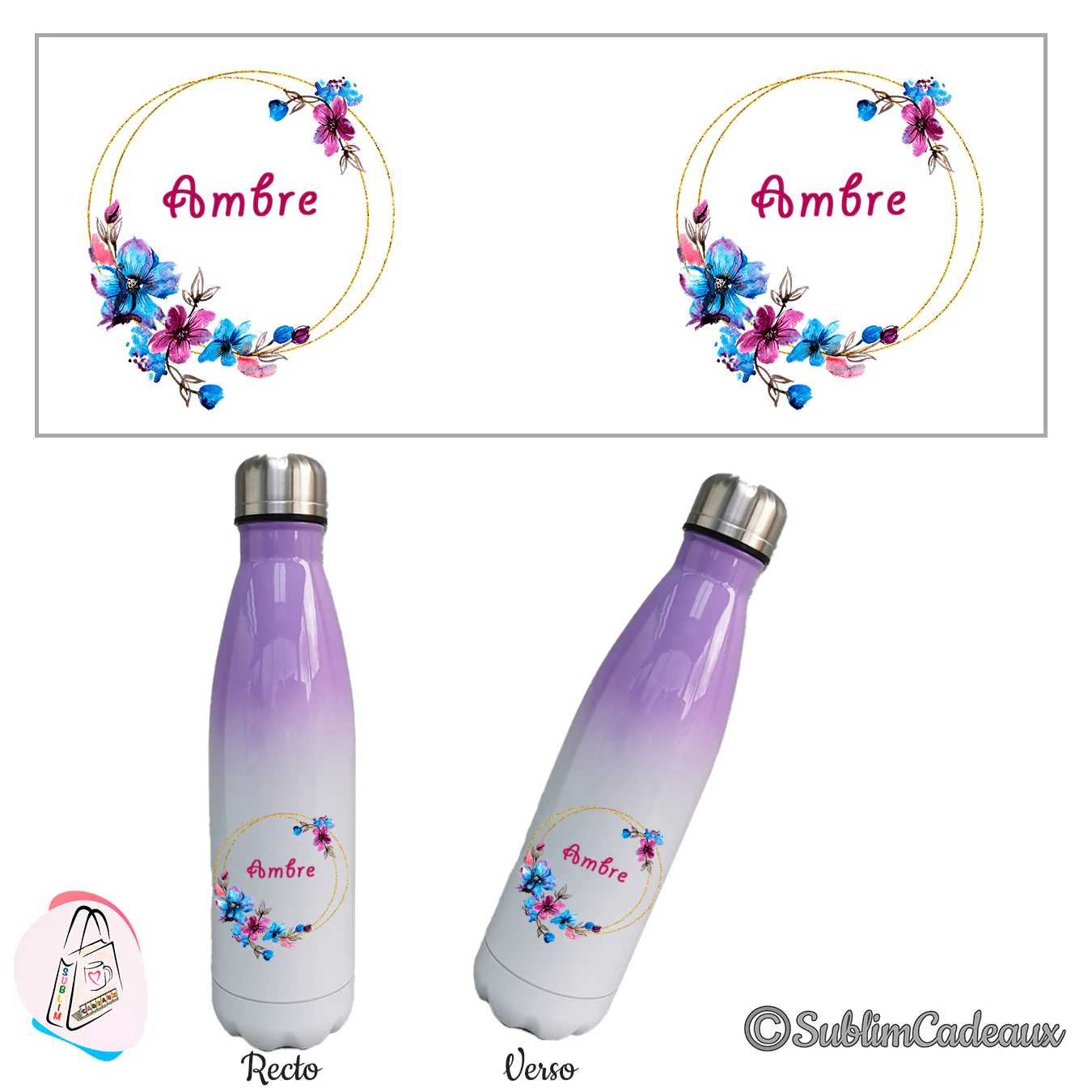 Couronne dorée fleurie de bleu et rose sublimée sur bouteille isotherme dégradé violet, prénom Ambre en fuchsia