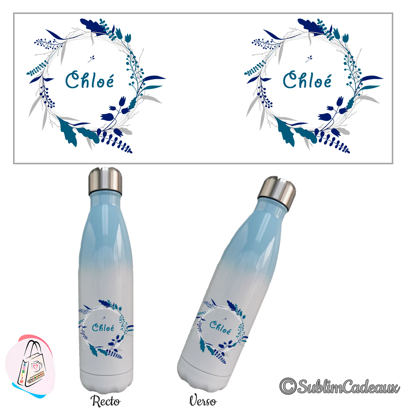 Bouteille isotherme dégradé bleu et blanc, couronne de feuillages bleus et verts, prénom Chloé au centre