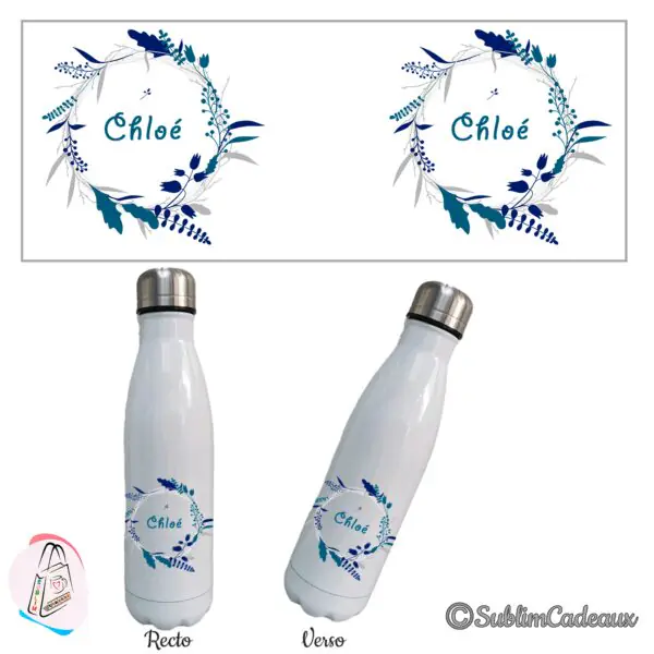 Bouteille isotherme blanche, couronne de feuillages bleus et bleu-vert, prénom à personnaliser au centre