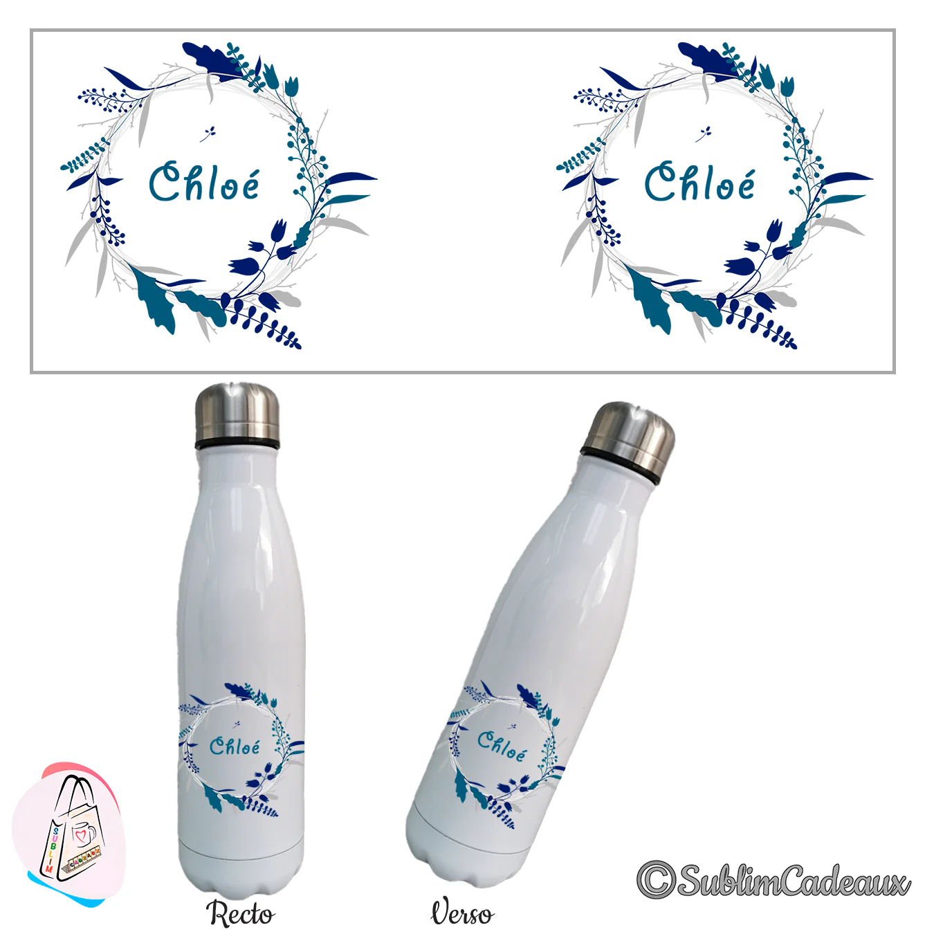 Bouteille isotherme blanche, couronne de feuillages bleus et bleu-vert, prénom à personnaliser au centre