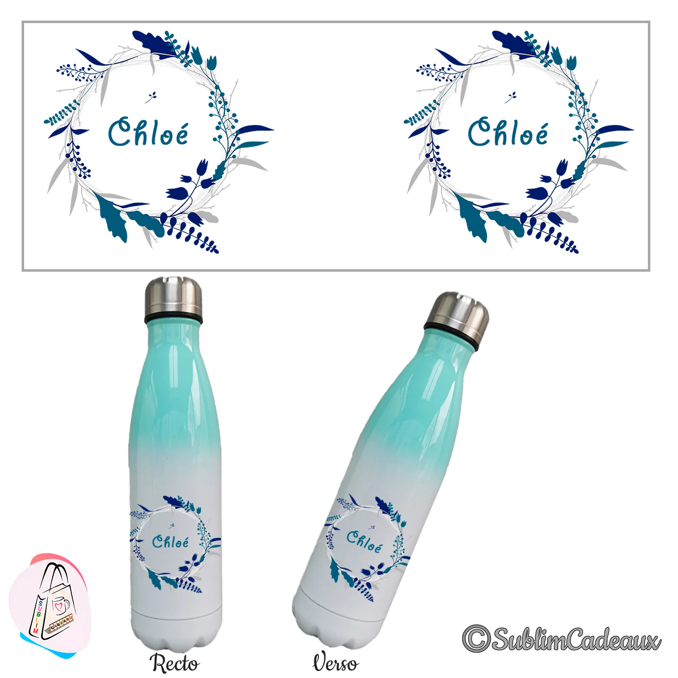 Bouteille isotherme au dégradé menthe, guirlande ronde de feuillages bleus et verts, prénom Chloé