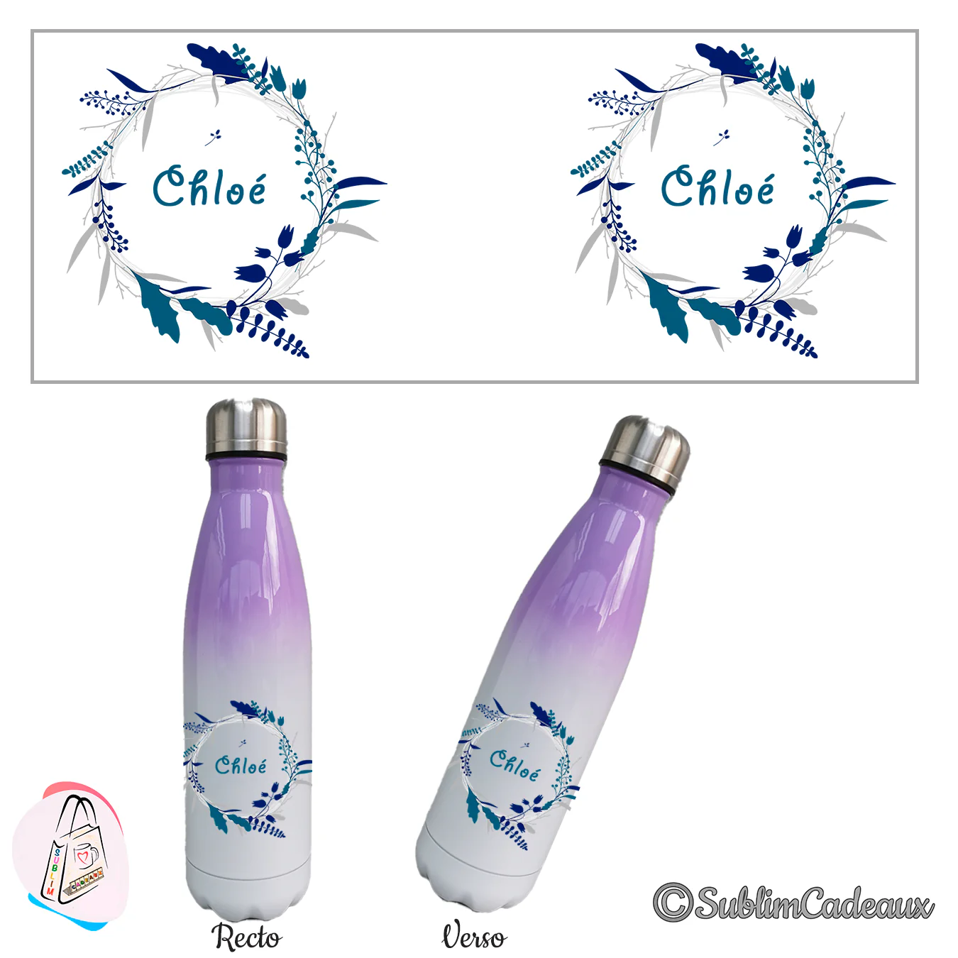 Couronne de feuillages bleus et verts sublimée sur bouteille isotherme dégradé violet et blanc, prénom Chloé