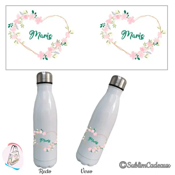 Bouteille isotherme blanche, coeur au contour doré fleuri de petites fleurs roses, prénom à personnaliser