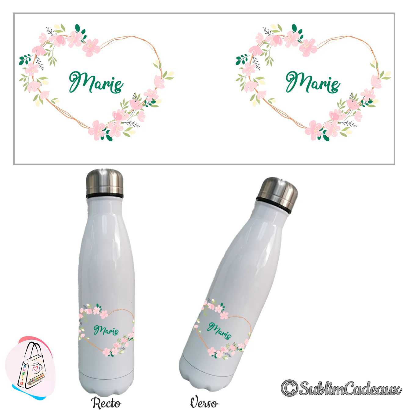 Bouteille isotherme blanche, coeur au contour doré fleuri de petites fleurs roses, prénom à personnaliser