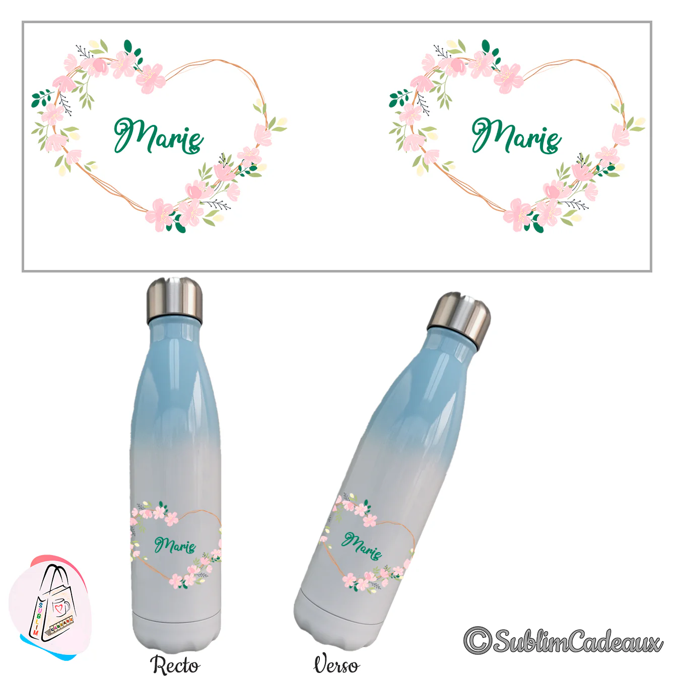 Bouteille isotherme dégradé bleu et blanc, coeur fleuri de roses pâles et feuillage vert, prénom Marie en vert
