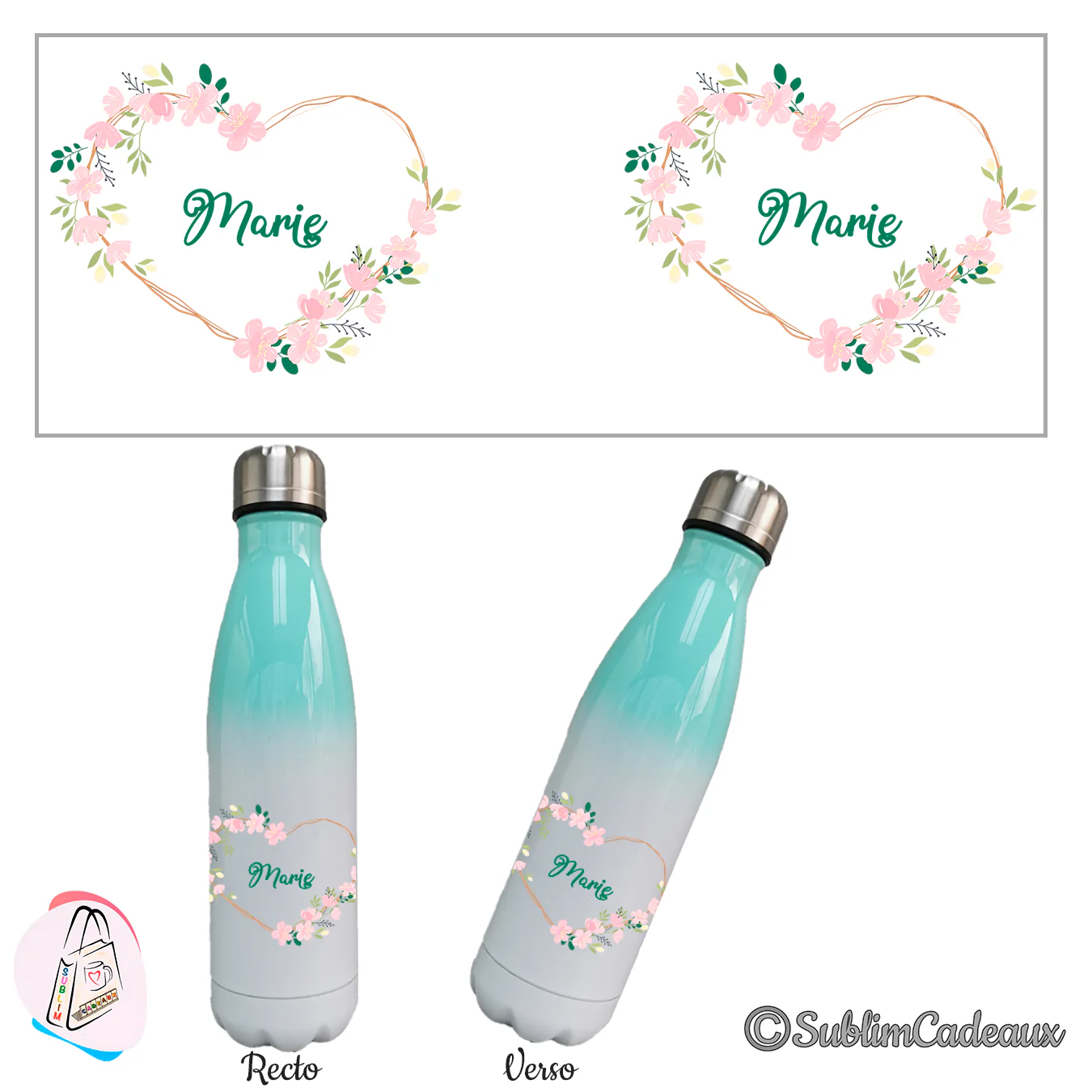 Bouteille isotherme au dégradé vert menthe, coeur de fleurs roses et feuillage, prénom Marie en vert