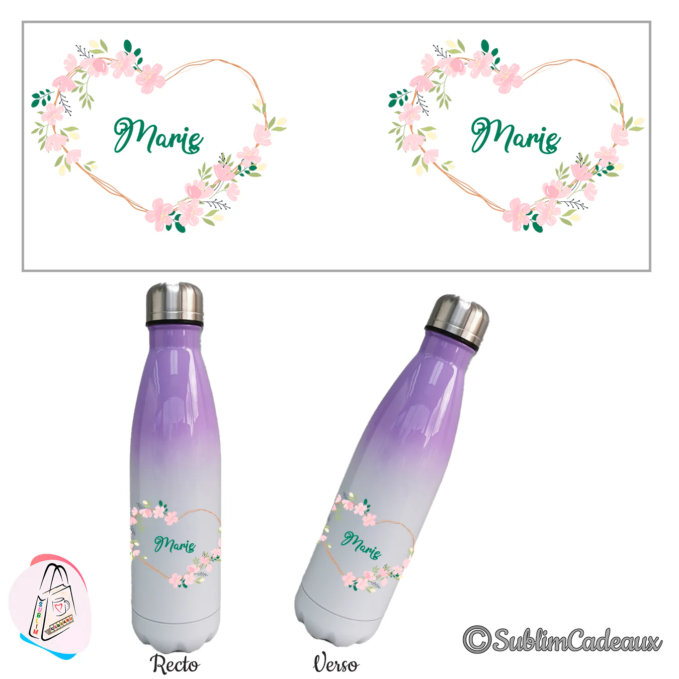 Coeur fleuri de roses et feuillage vert sublimé sur bouteille isotherme dégradé violet, prénom Marie
