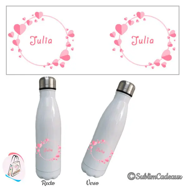 Bouteille isotherme blanche, couronne circulaire de coeurs roses, prénom à personnaliser au centre