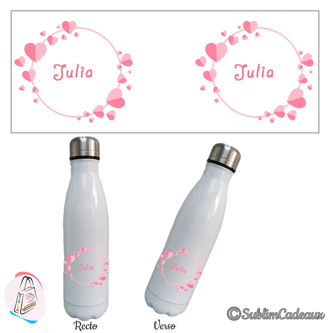 Bouteille isotherme blanche, couronne circulaire de coeurs roses, prénom à personnaliser au centre