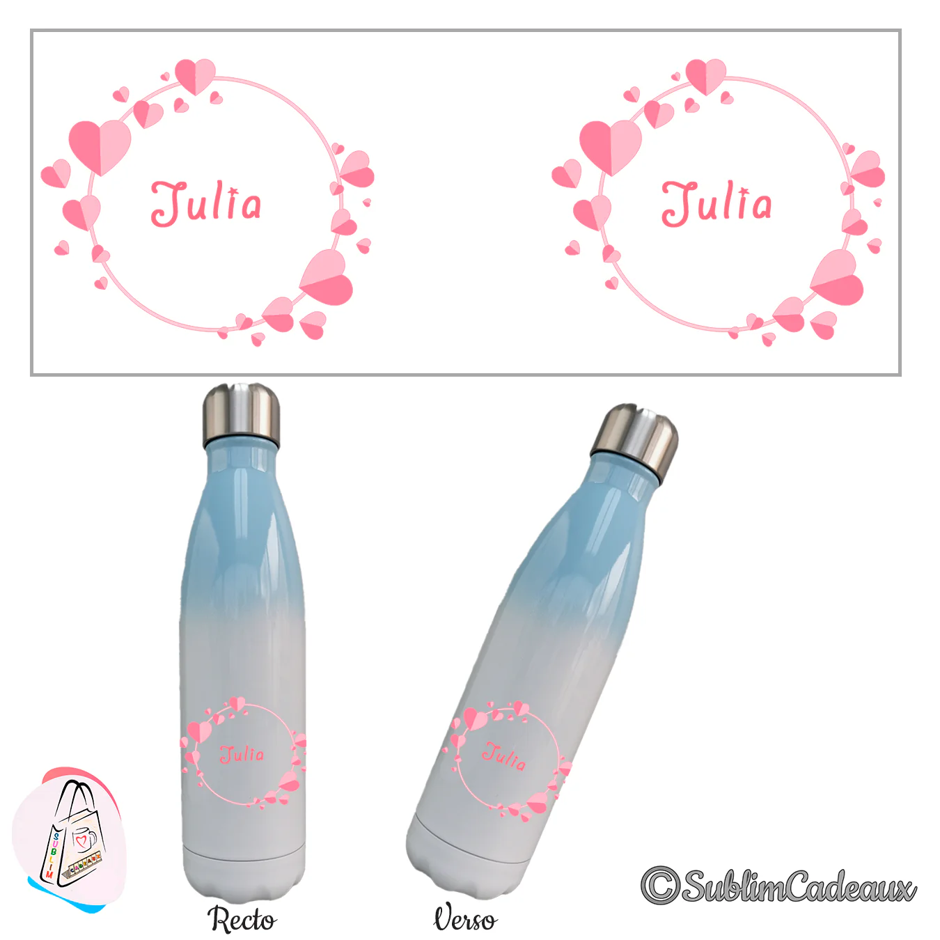 Bouteille isotherme dégradé bleu et blanc, couronne de coeurs roses de tailles variées, prénom Julia en corail